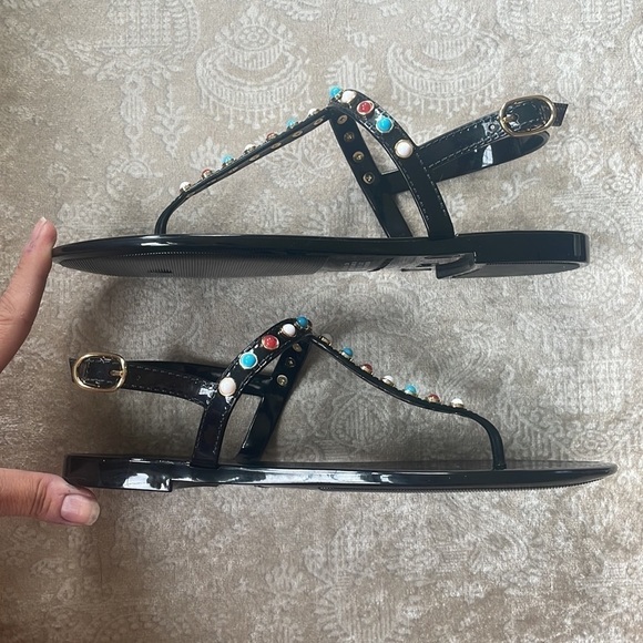 Brand New Stuart Weitzman Gemstone Beaded Thong Jelly Sandals Slingback Black - Picture 7 of 15